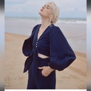 Organic cotton and Linen Navy blue crop blouse by Lelasilk New without Tags M 6